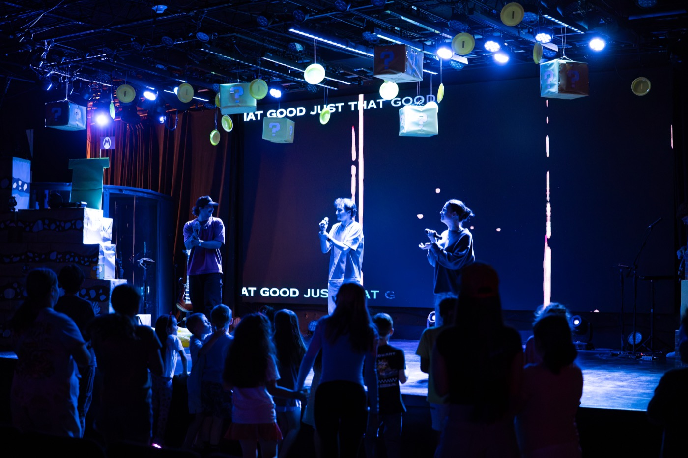 CityKids worship night with a Mario-themed stage